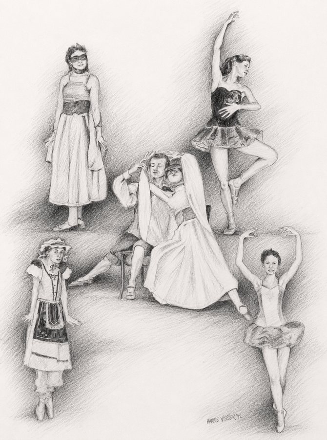 Tekening met vijf dansers in verschillende poses