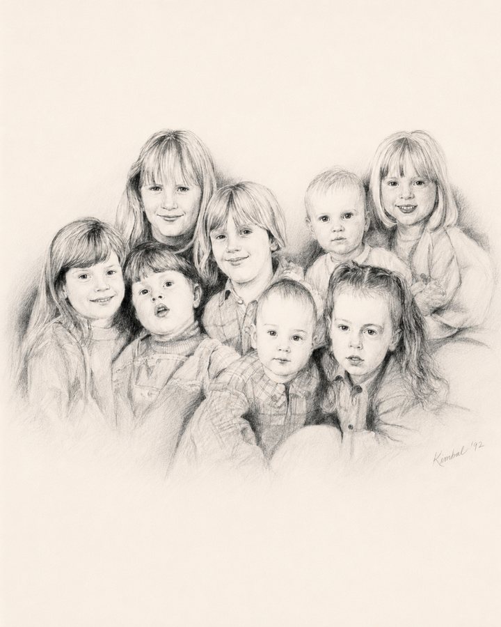Getekend groepsportret van acht kinderen bij elkaar