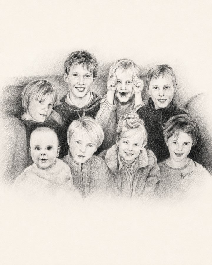 Getekend groepsportret van acht kinderen, van baby tot tiener