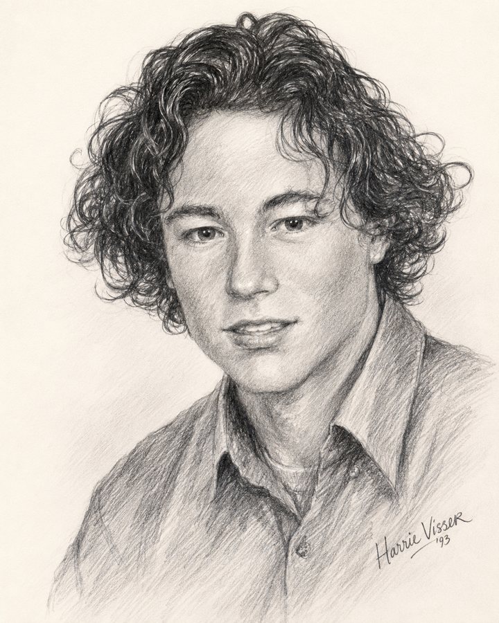 Conté-portret van een jonge vrouw met krullend haar
