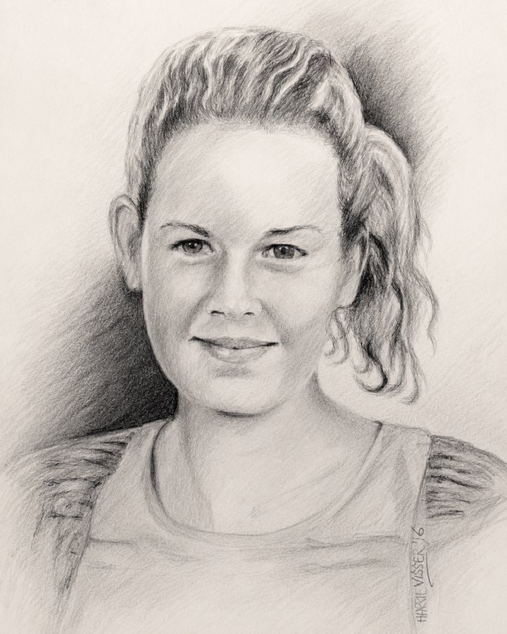 Getekend portret van een jonge vrouw met paardenstaart