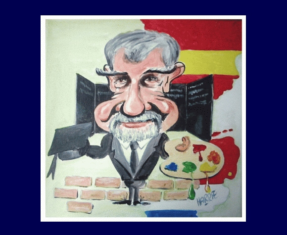 Kleurrijke karikatuur van een kunstenaar met palet, gemaakt door Harrie Visser