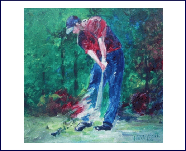 Geschilderd werk in kleur van een golfer in beweging, gemaakt door Harrie Visser