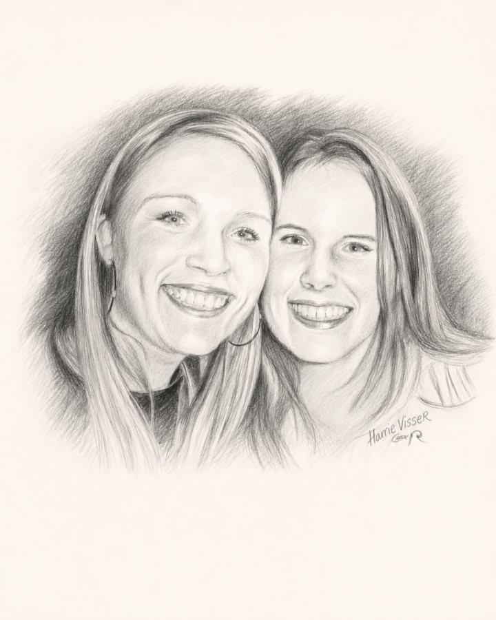Getekend dubbelportret van twee lachende jonge vrouwen